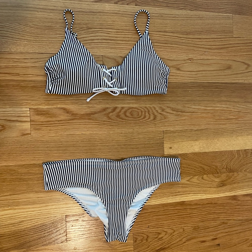 Navy and white striped bikini set